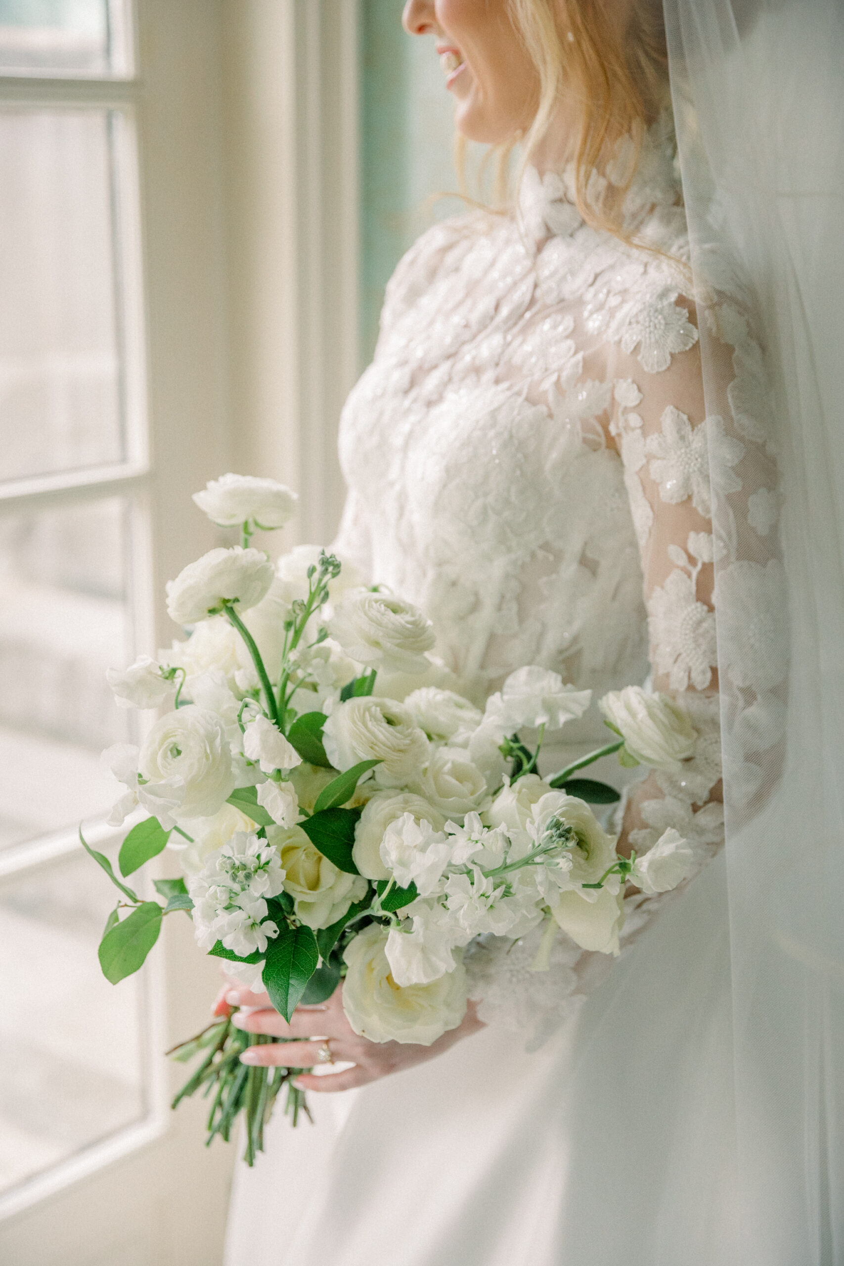 Dover Hall Wedding in Richmond, VA | Wedding Photographer in Richmond | bride in white floral wedding dress and tulle veil holding white floral bouquet