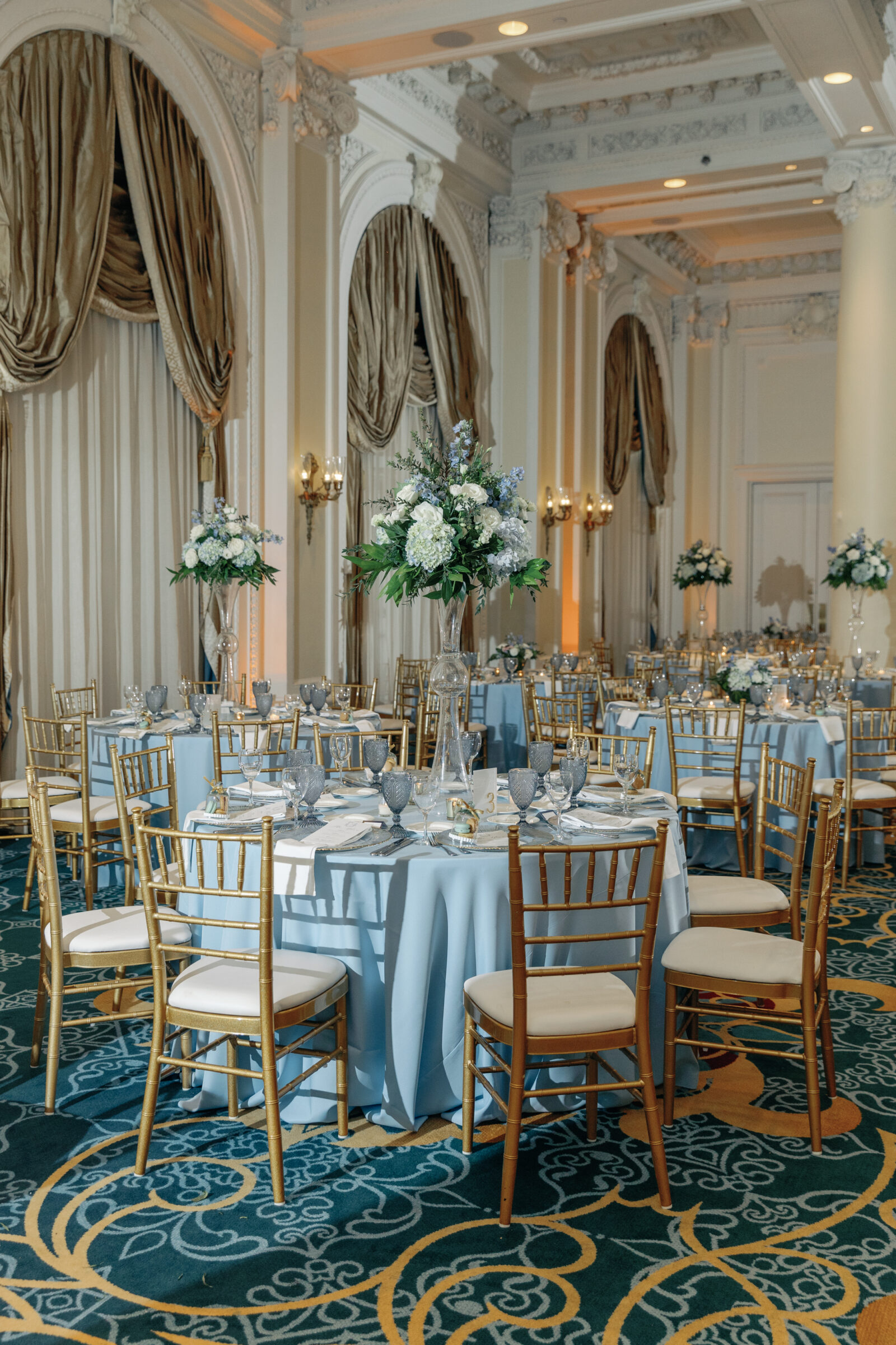 Jefferson Hotel Wedding in Richmond, VA | RVA Wedding Photographer | blue and gold decor for Jefferson Hotel wedding reception