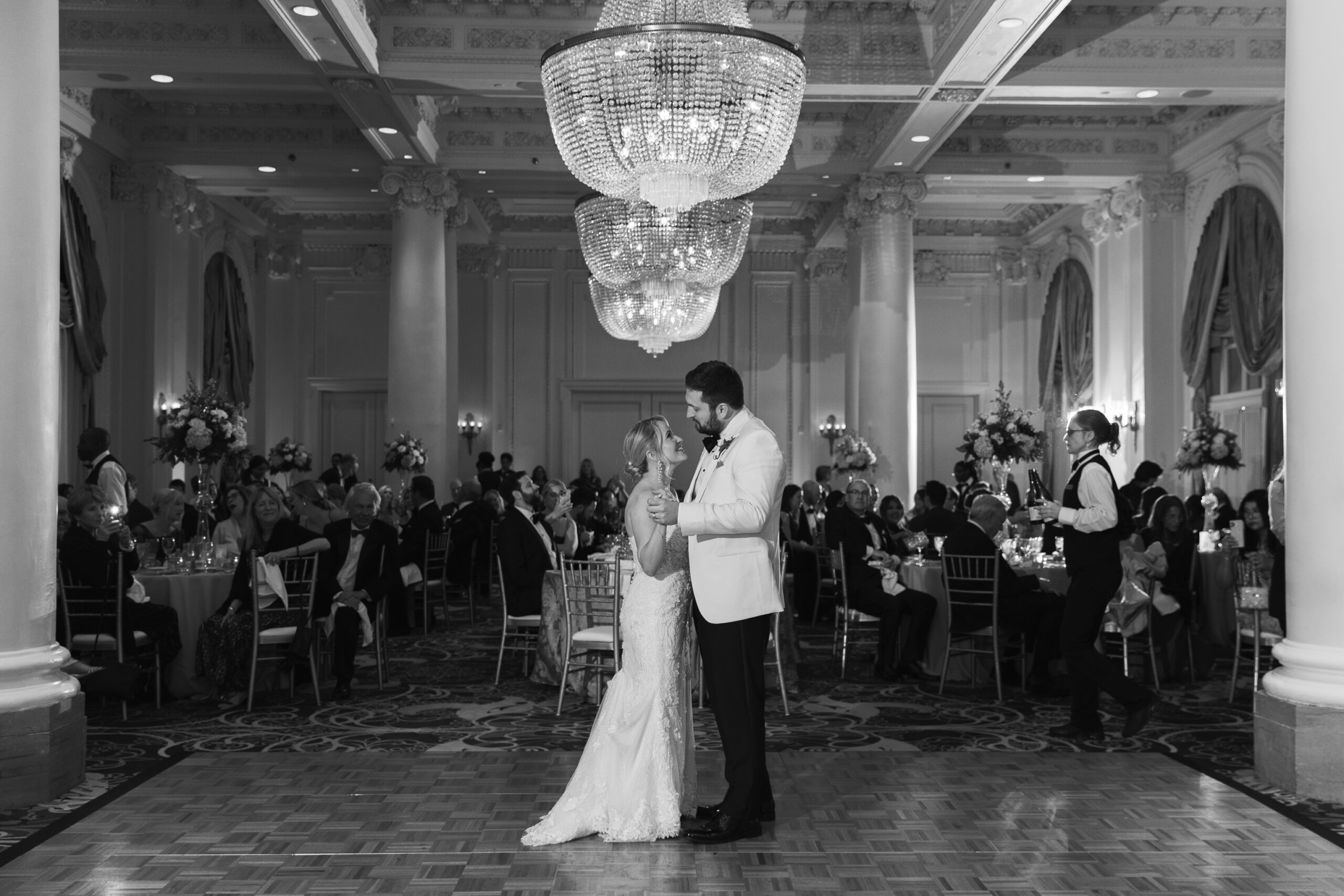 Jefferson Hotel Wedding in Richmond, VA | RVA Wedding Photographer | black and white image of bride and groom sharing their first dance in the ballroom of the Jefferson Hotel in Richmond VA