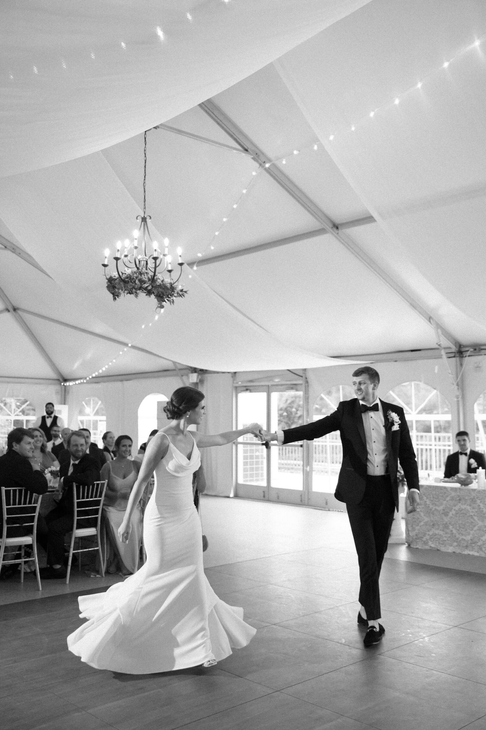 Rust Manor House Wedding in Leesburg, VA | RVA Wedding Photography | black and white image of bride and groom sharing first dance at a Richmond, VA area wedding venue