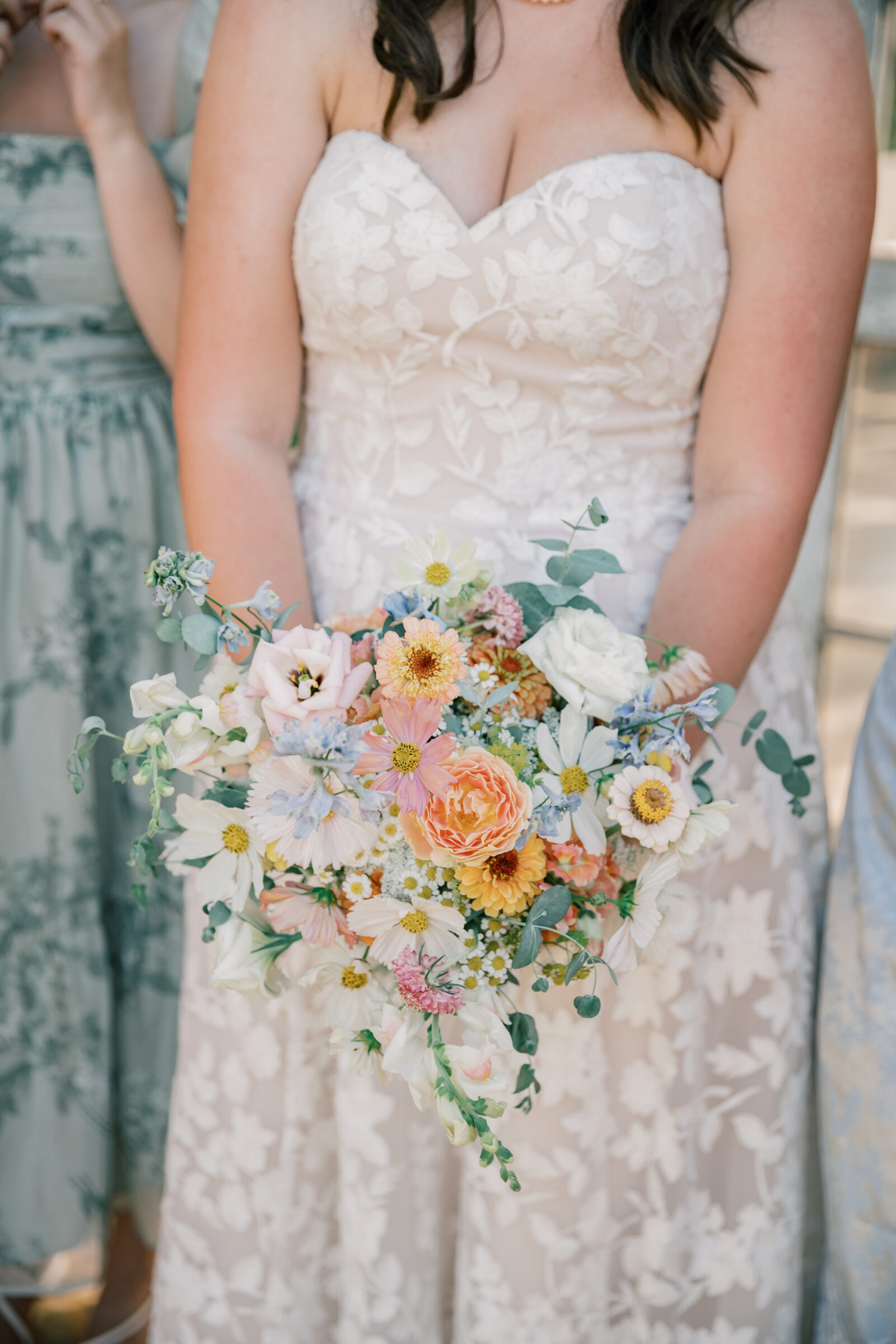 Three Oaks Manor Wedding in Madison Heights, VA | Virginia Wedding Photographer | bride holding bridal bouquet surrounded by bridesmaids