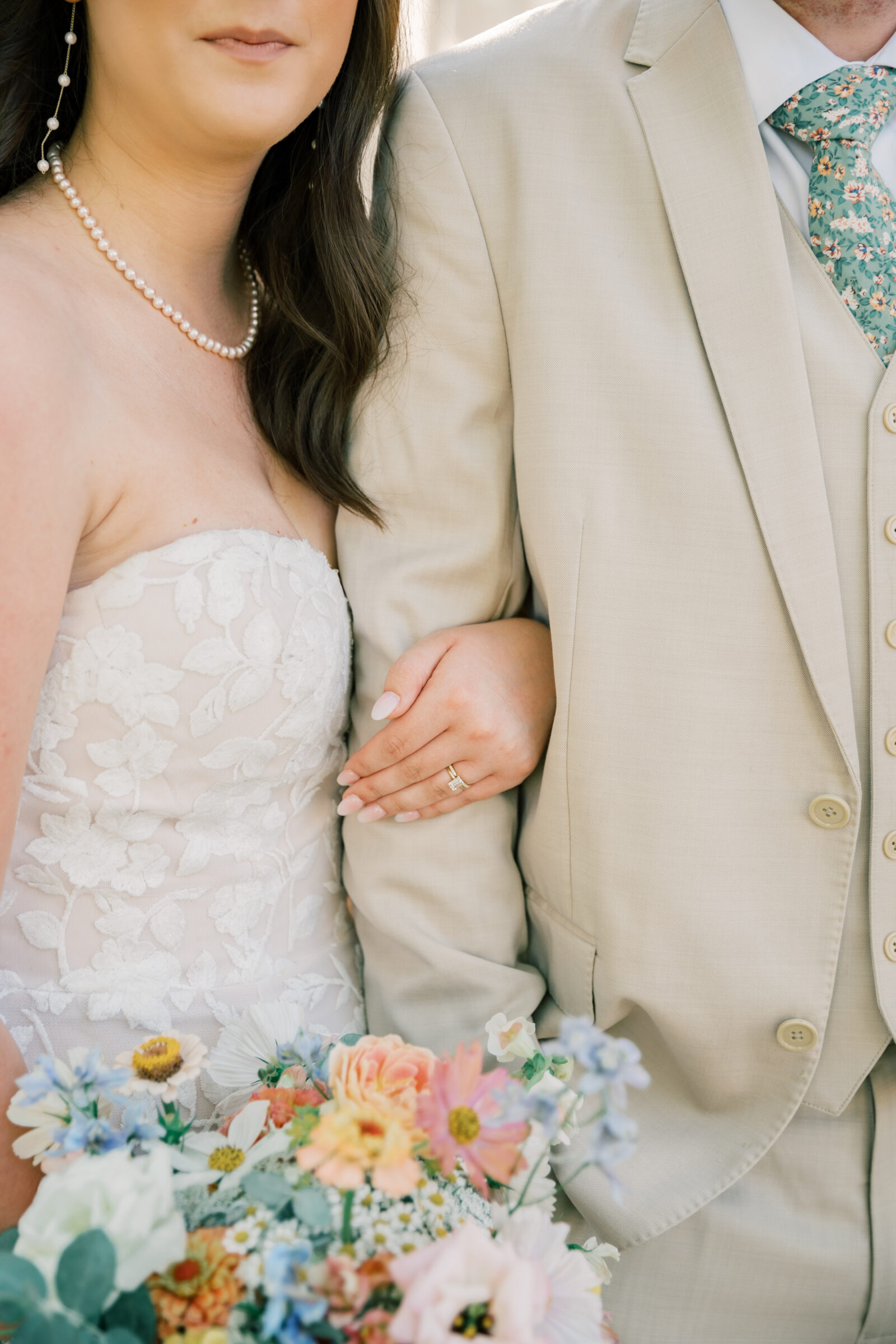 Three Oaks Manor Wedding in Madison Heights, VA | Virginia Wedding Photographer | closeup of bride's rings as she holds onto her groom's arm