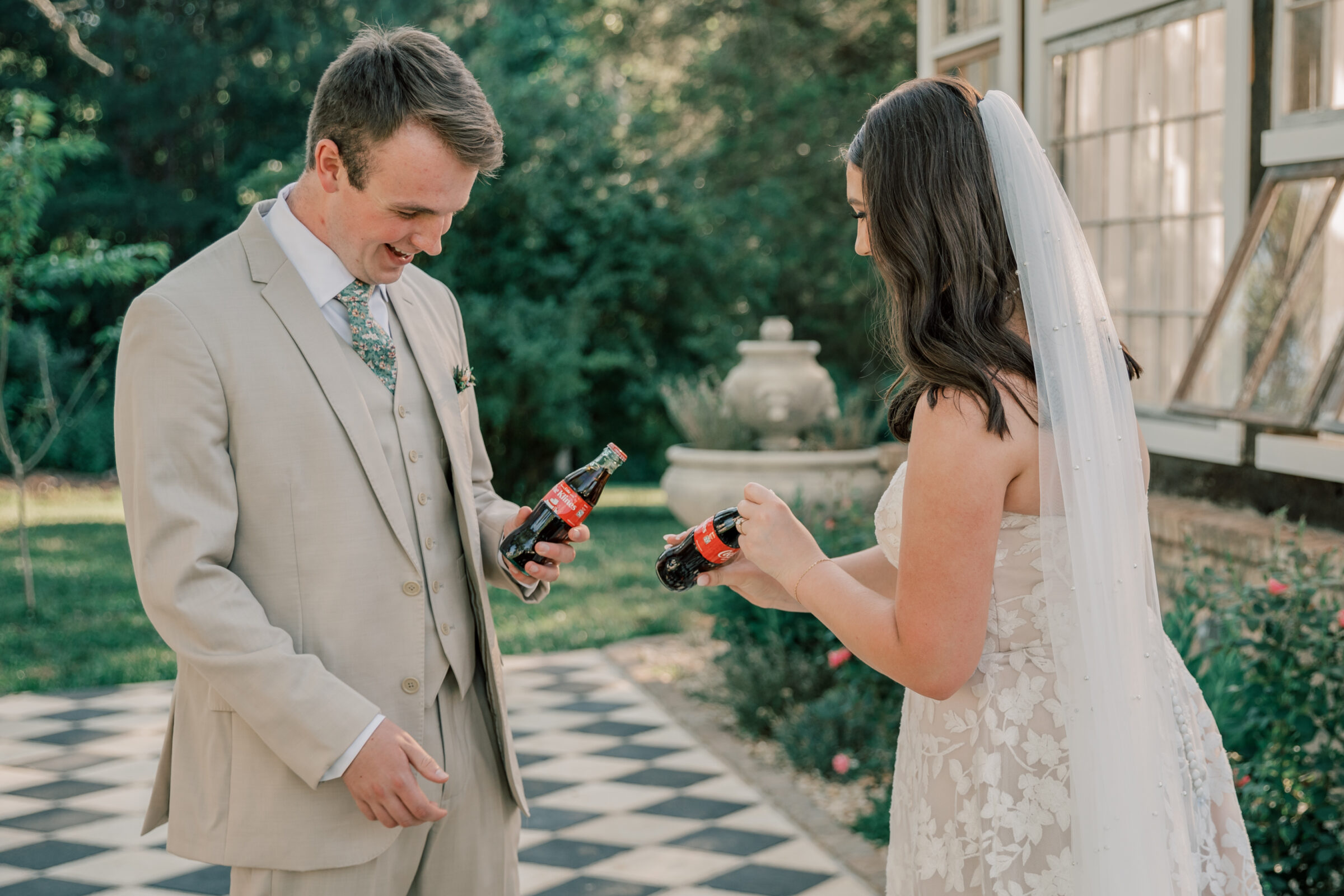 Three Oaks Manor Wedding in Madison Heights, VA | Virginia Wedding Photographer | bride surprises her groom with custom glass Coca-Cola bottles adorned with their new last name