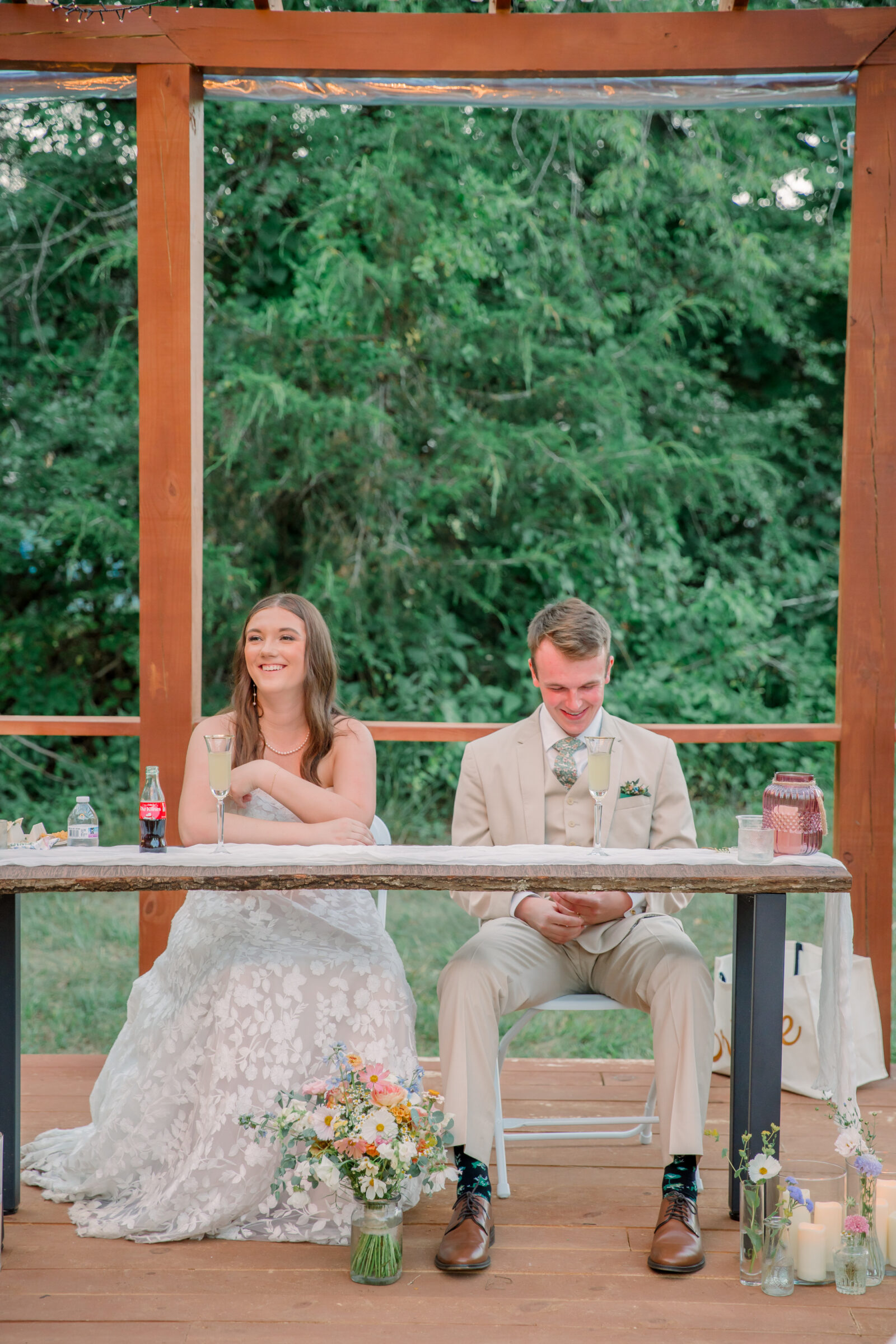 Three Oaks Manor Wedding in Madison Heights, VA | Virginia Wedding Photographer | bride and groom giggle as they listen to toasts at their wedding reception