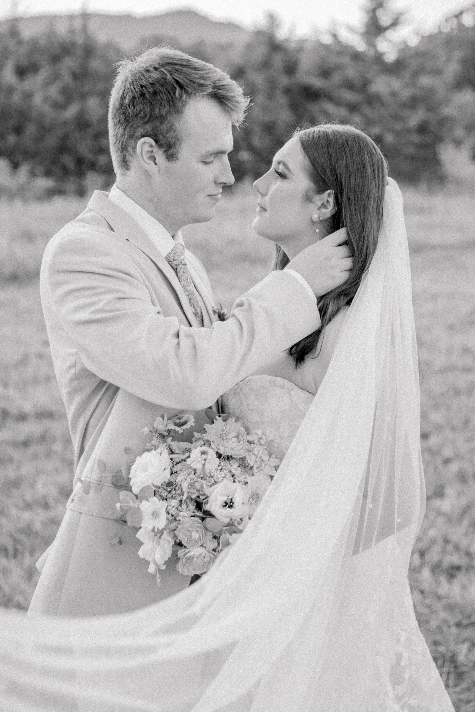 Three Oaks Manor Wedding in Madison Heights, VA | Virginia Wedding Photographer | black and white image of a groom gently pulling his bride in for a kiss as her veil blows softly in the wind