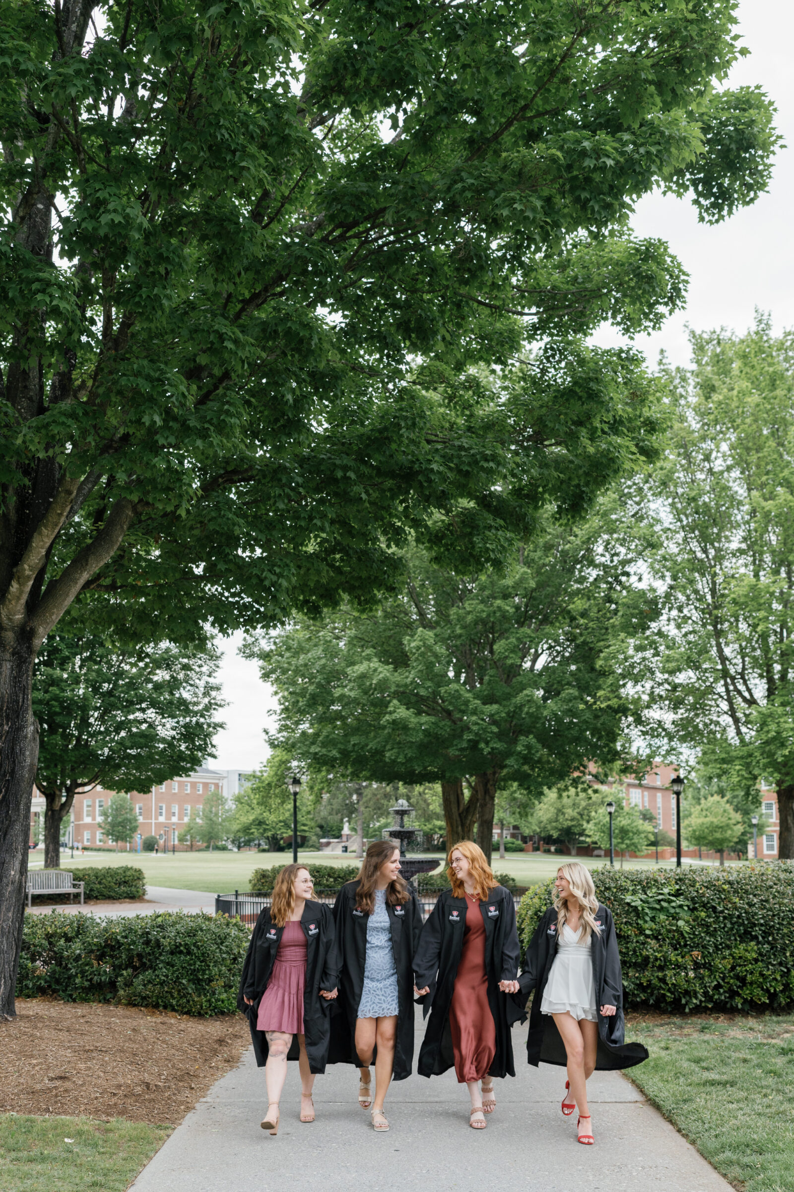 A group of four senior students walking hand in hand along a tree-lined path at Radford University, each wearing their graduation cap and gown. They smile and laugh, enjoying the moment, with green trees and the university campus as the backdrop.