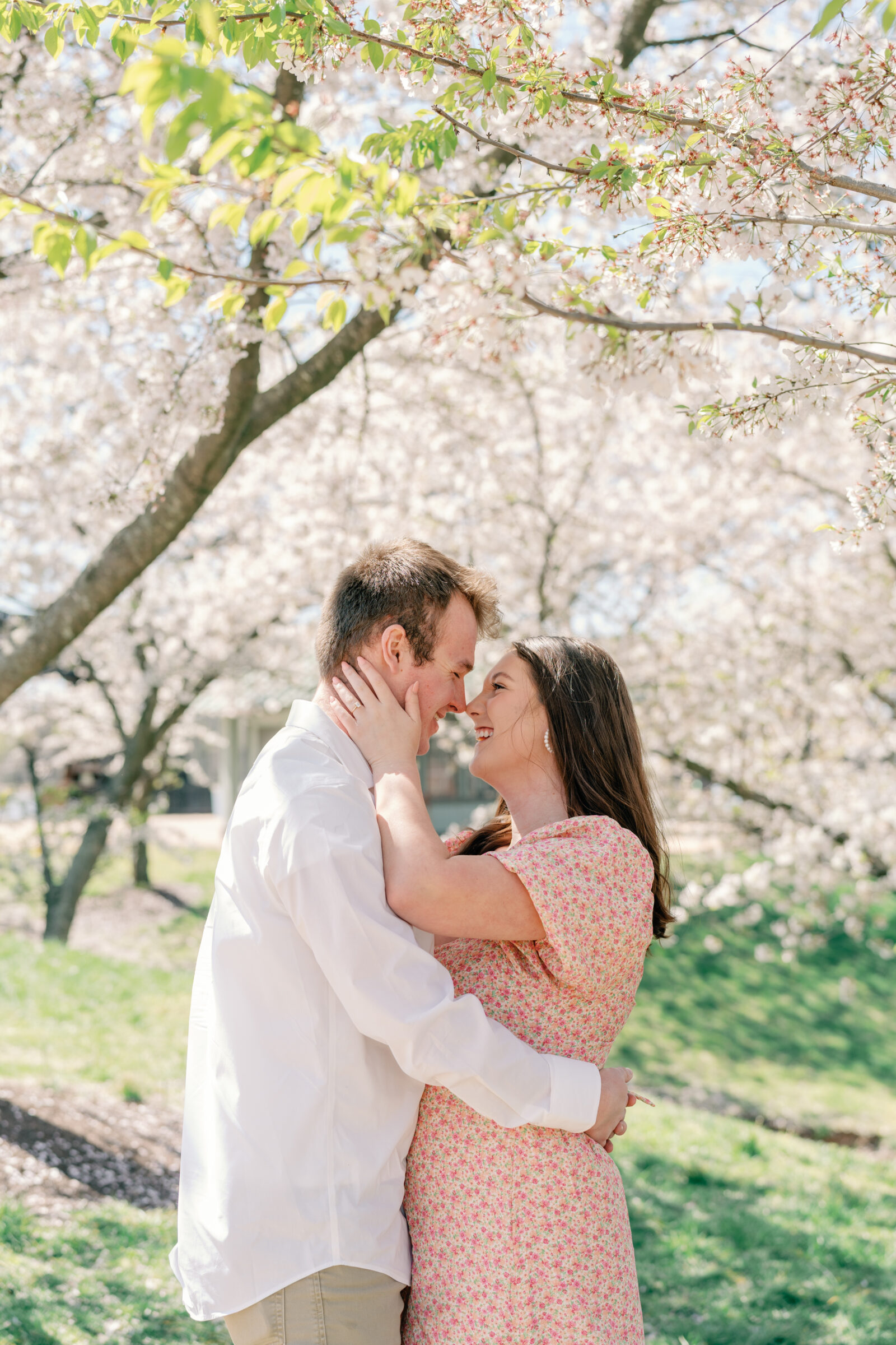 Engagement Session at Belle Ilse in Richmond VA | couple hug under the cherry blossoms