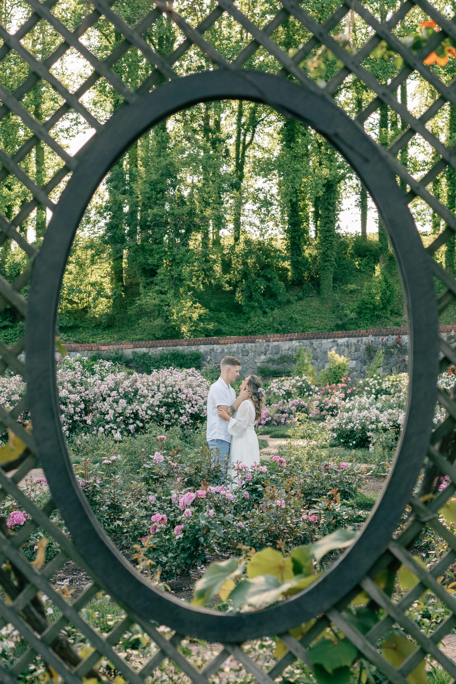 Engagement Photos at the Biltmore Estate Gardens | couple in the garden, taken through a window