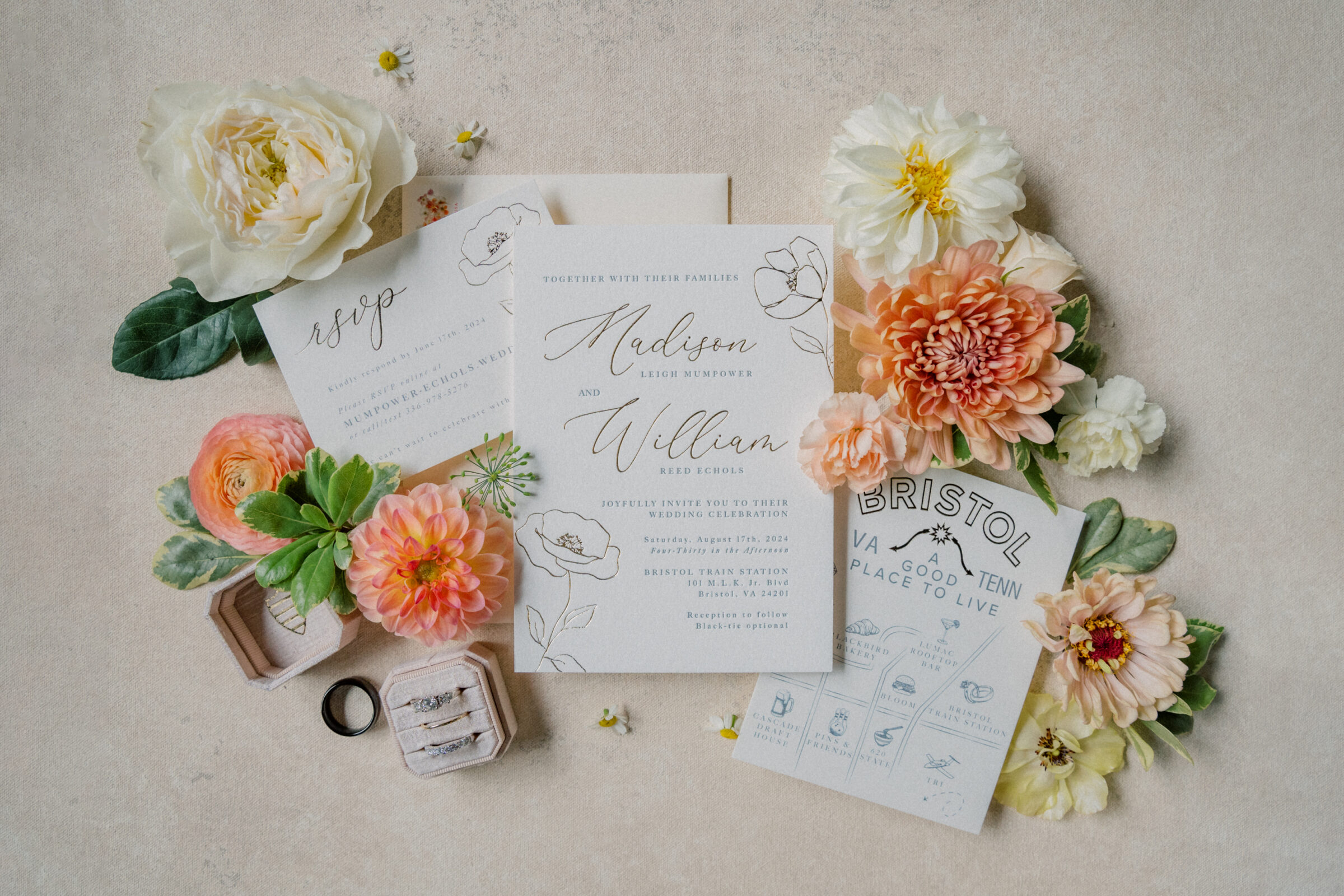 Bristol Train Station Wedding | wedding invitation surrounded by flowers