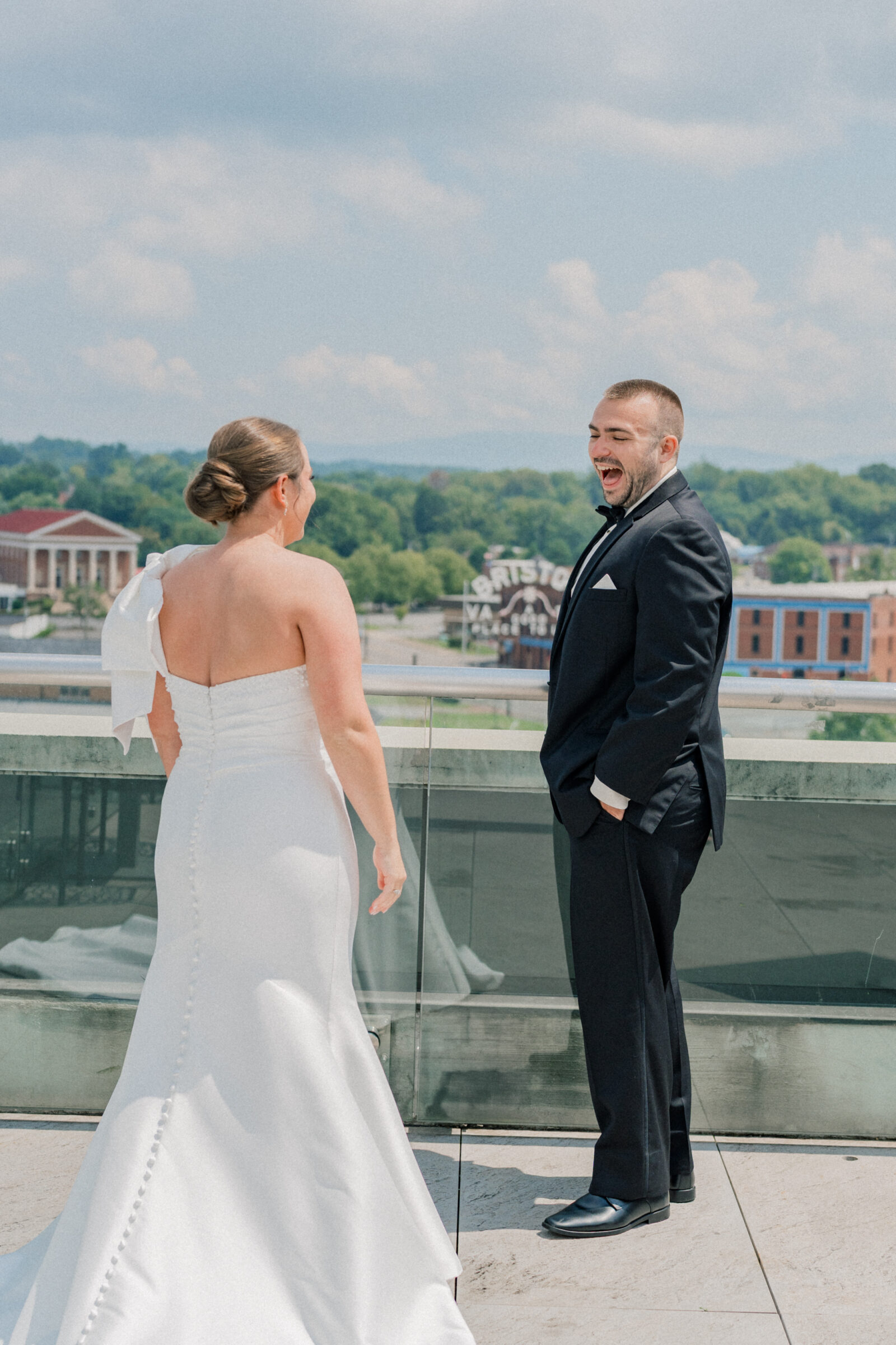 Bristol Hotel Wedding | bride and groom share first look on the rooftop of the Bristol Hotel