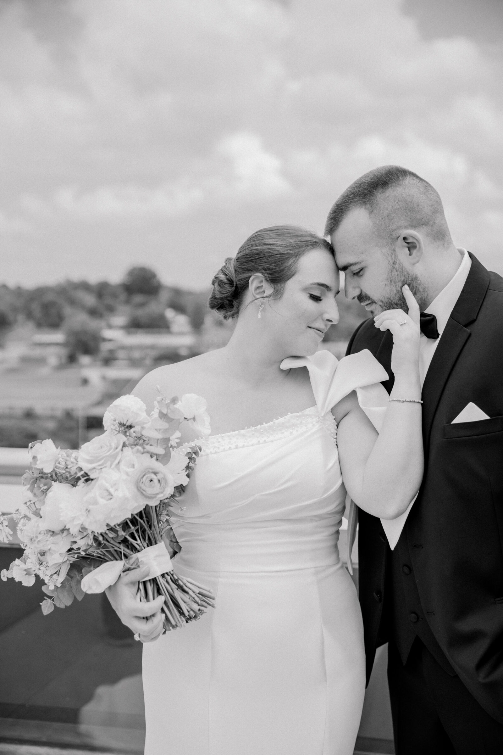 Bristol Hotel Wedding | romantic black and white image of bride and groom on the rooftop