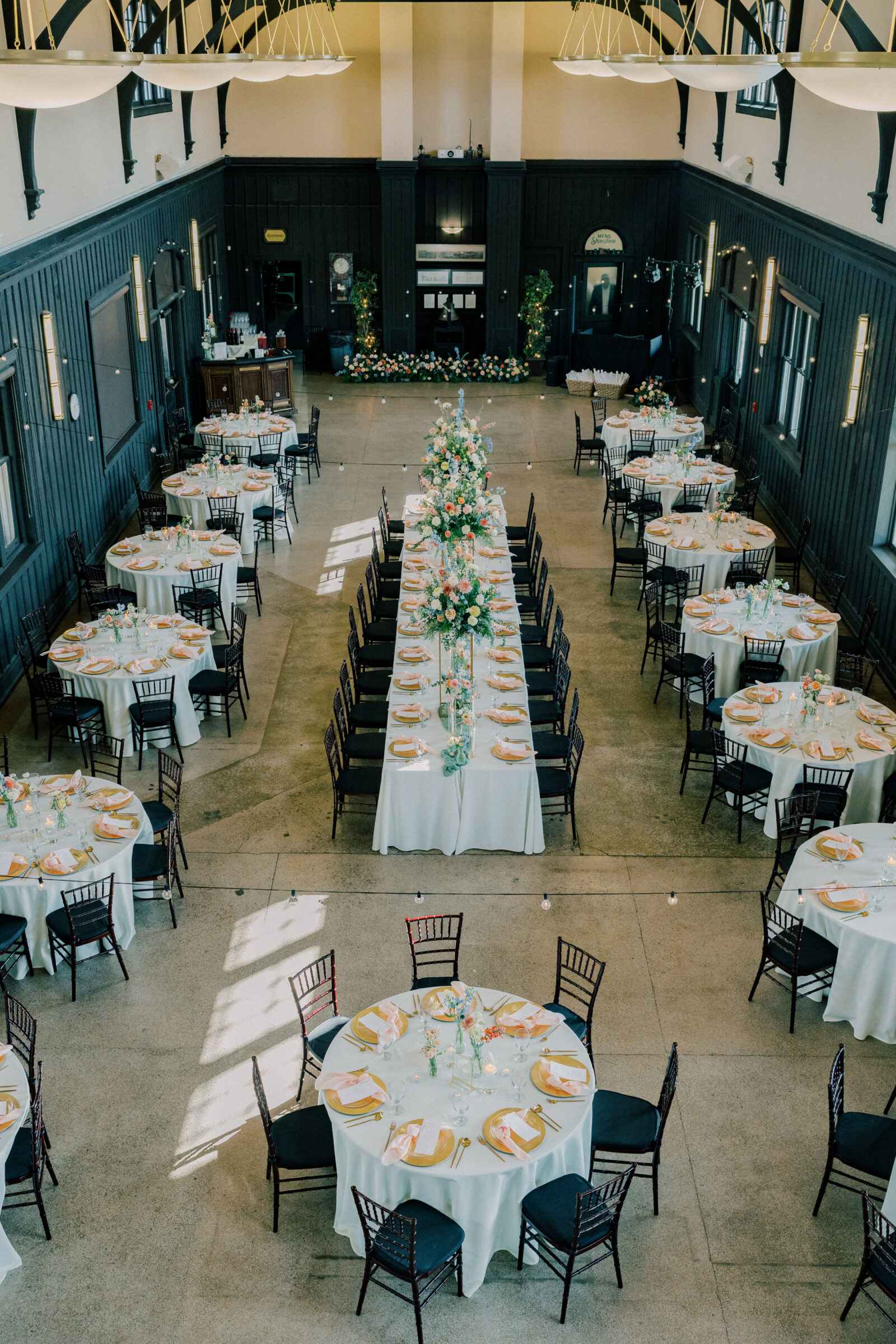 Bristol Train Station Wedding | picture of a wedding reception setup at the Bristol Train Station, taken from a balcony