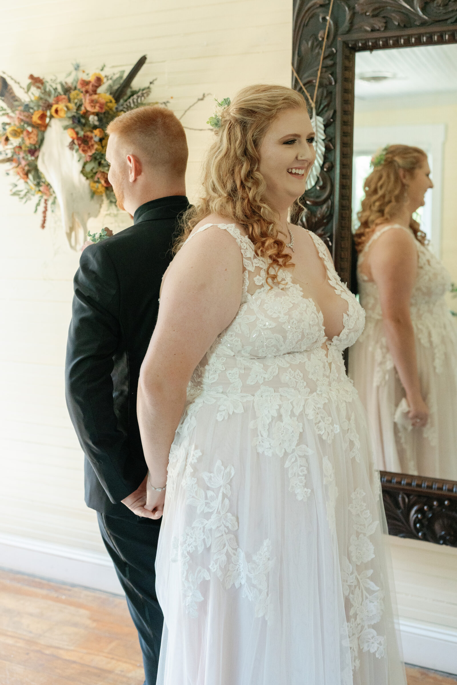 Full Bloom Farm Wedding | bride and groom share a first touch before wedding