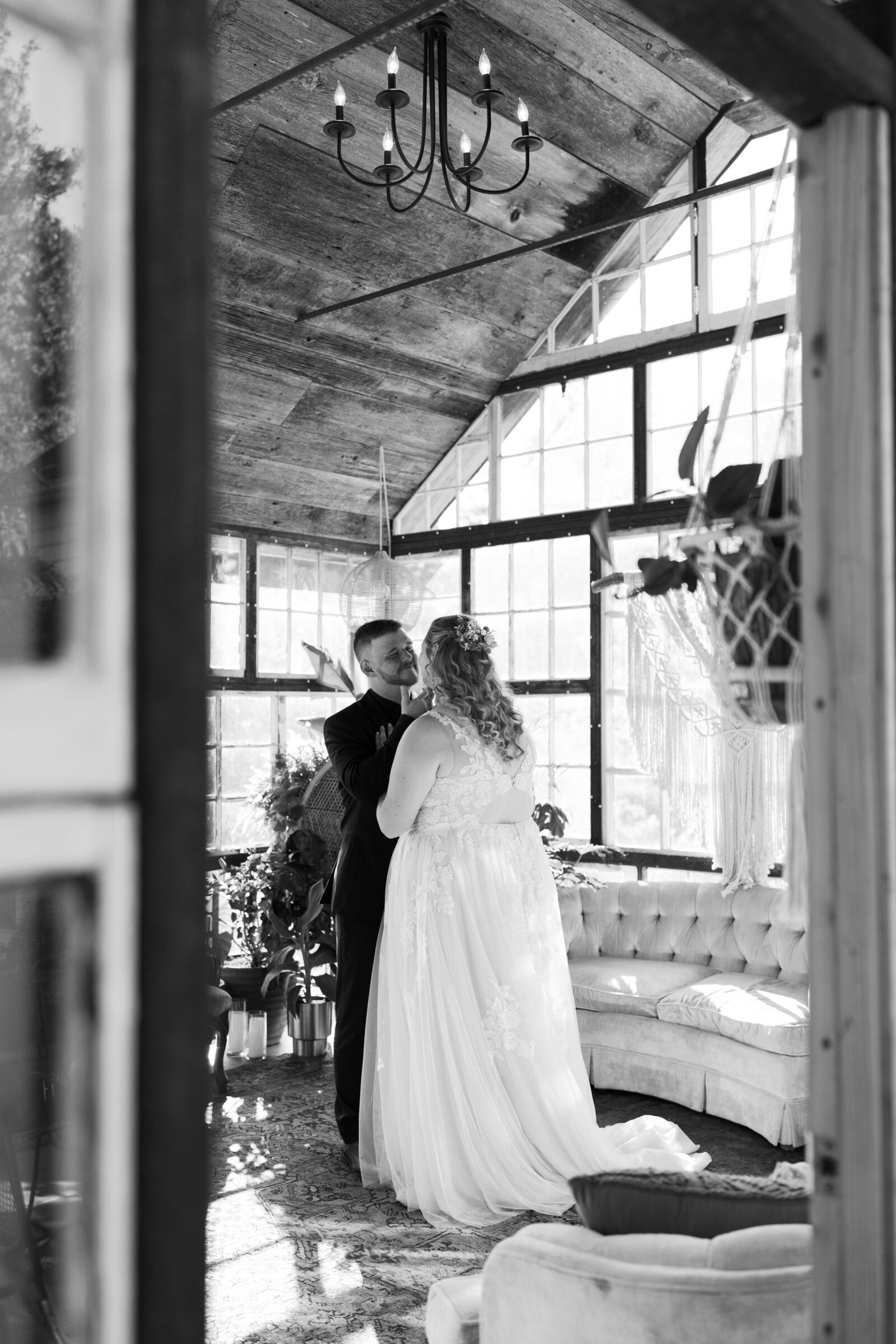 Full Bloom Farm Wedding | bride and groom in greenhouse