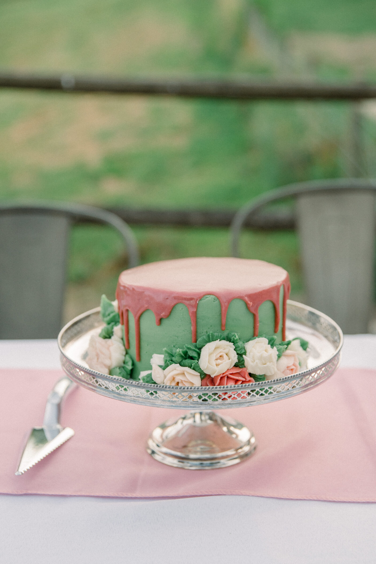 Abingdon VA Wedding Photographer | green and pink wedding cake outside on a table