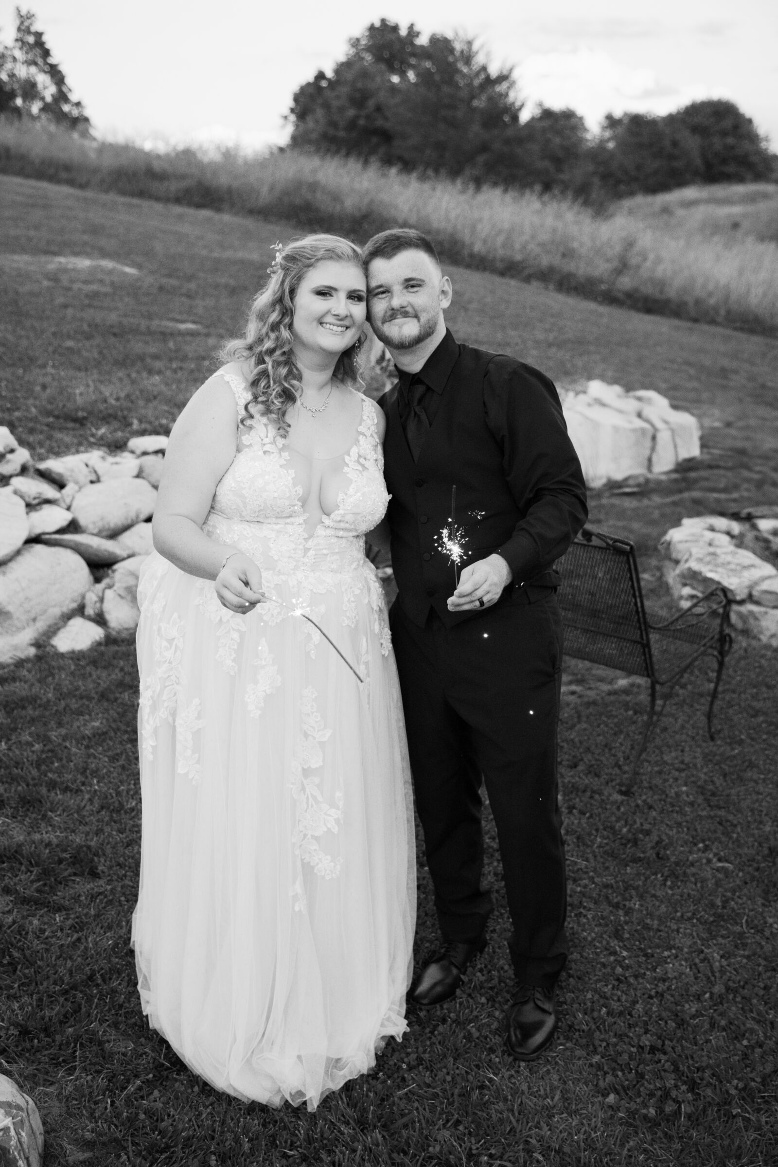 Abingdon VA Wedding | black and white image of bride and groom with sparklers