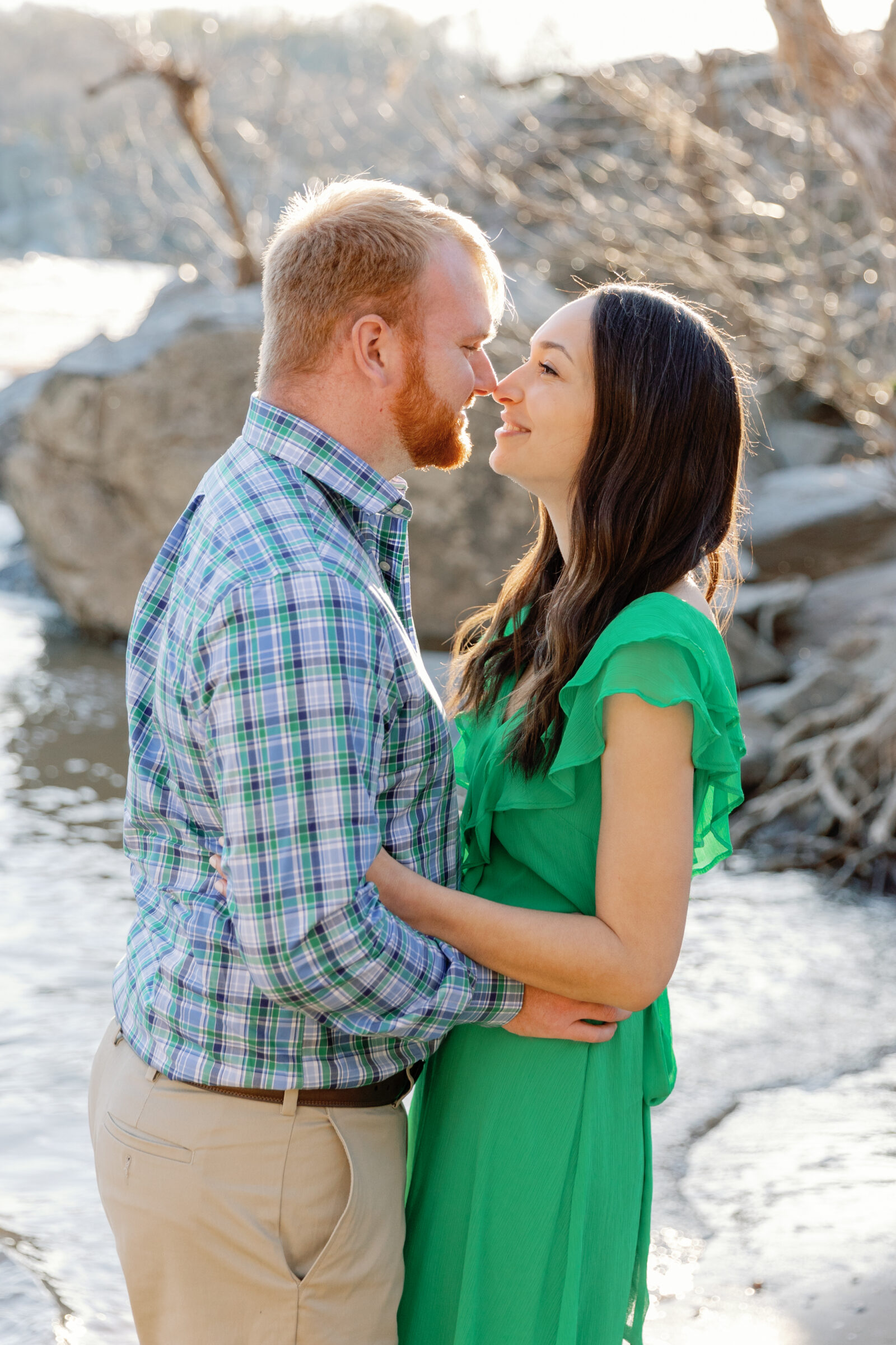 Engagement Session at Great Falls Park in Maryland | couple nose to nose with river behind them