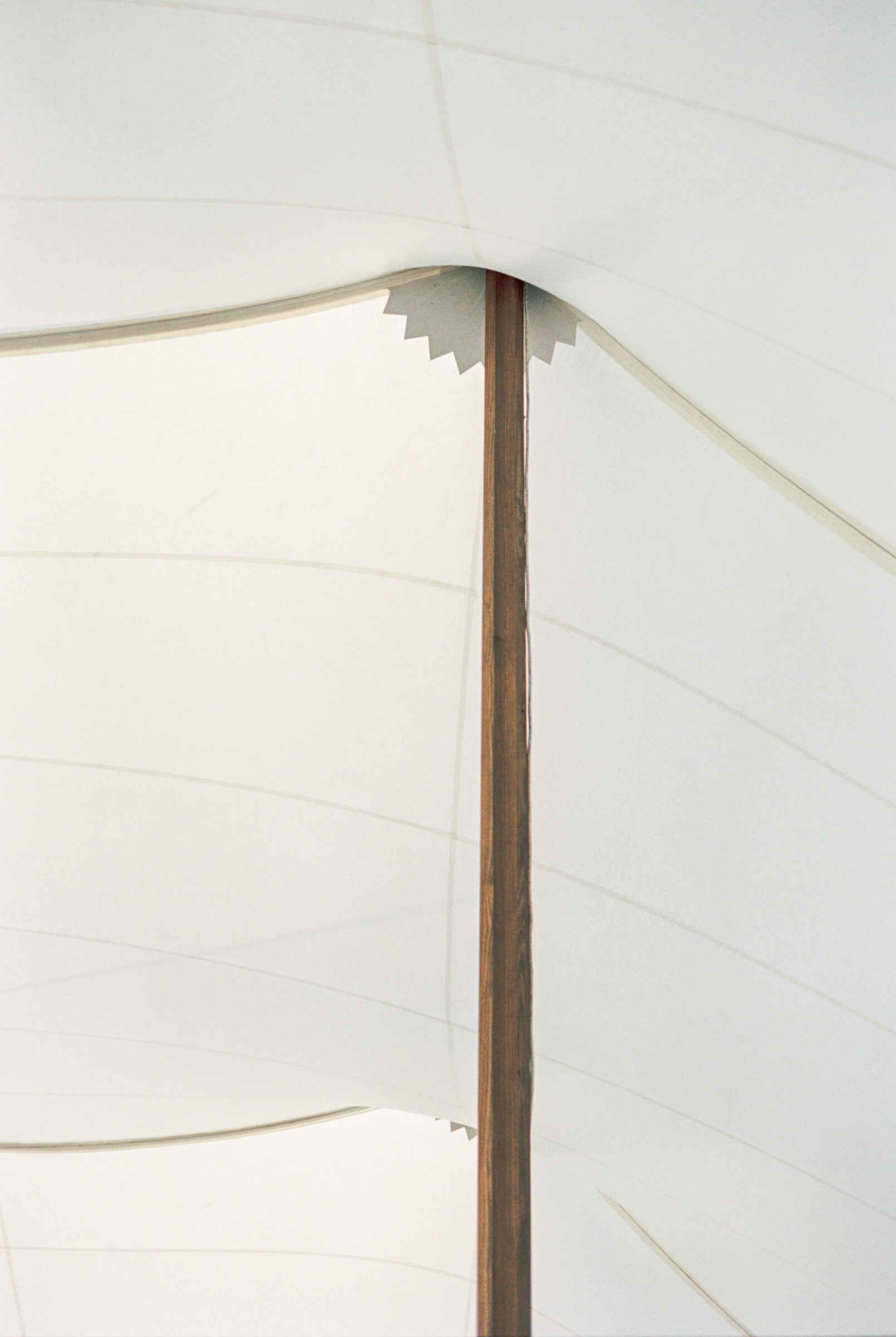 Close-up of the sailcloth tent at Northfield Estate in Cumberland, VA, showcasing the natural wood support pole and sweeping white canopy—an elegant and airy setting for a romantic Virginia wedding reception near Richmond.