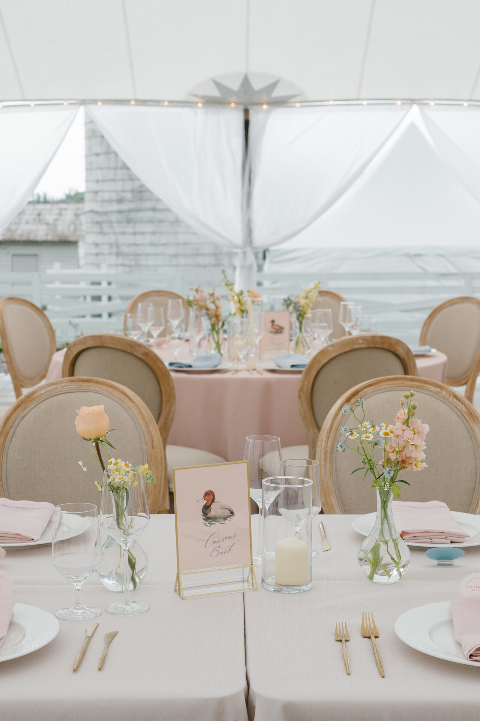 Front‑on view of a tented reception table against sheer white drapes. In the foreground, two tables draped in blush linen hold clear glass cylinders with pillar candles, tall wine glasses, and three small bud vases of wildflowers. Centered is a framed place‑card featuring a watercolor duck floating on water, propped on a gold stand, with a pale blue ribboned name tag tucked beside a white plate and pink linen napkin.