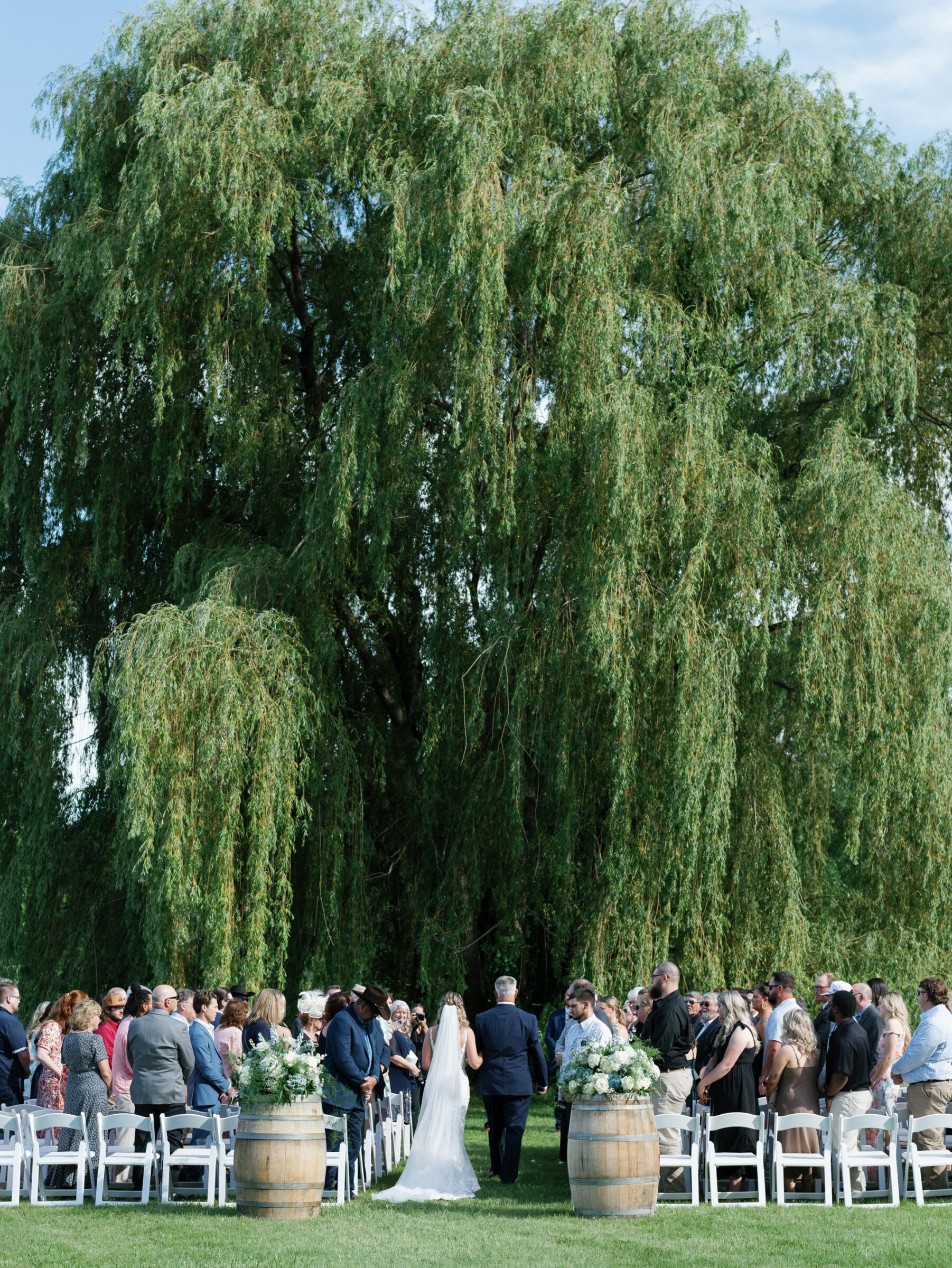Bride in flowing veil walks down a grassy aisle lined with white folding chairs and floral-topped wine barrels toward a sweeping willow at her Trump Winery Wedding in Charlottesville