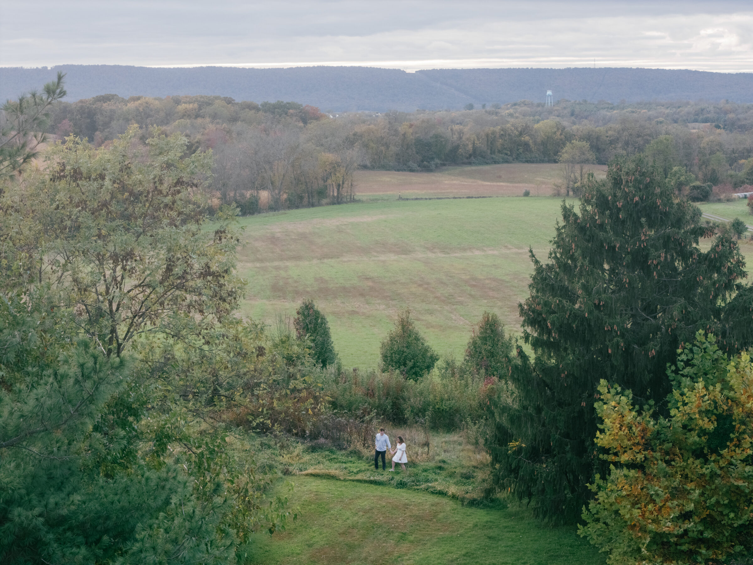 Wide aerial view of an engaged couple walking together across rolling fields on their Lovettsville, Virginia property during an at-home engagement session